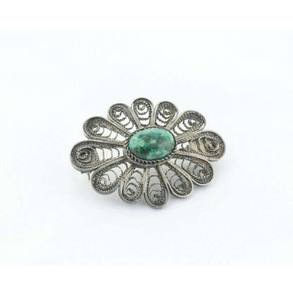 Sterling Silver Green Agate Flower Pin Brooch - Picture 5 of 7